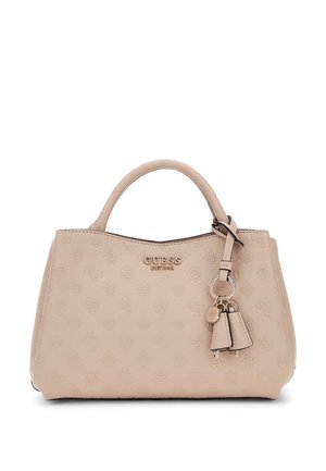Geantă tote bej cu model embosat, mânere superioare și charm detașabil. Materialul pare neted, cu un design structurat. Accesoriu cu logo auriu.
