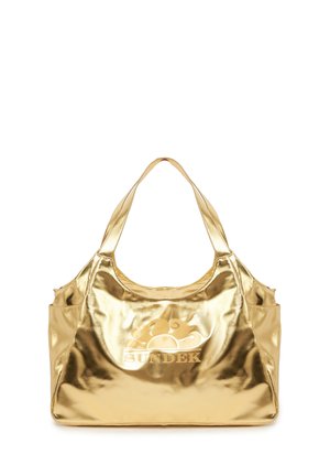 Borsa tote in metallo dorato con una texture liscia, dotata di un design con logo sul davanti e doppi manici.