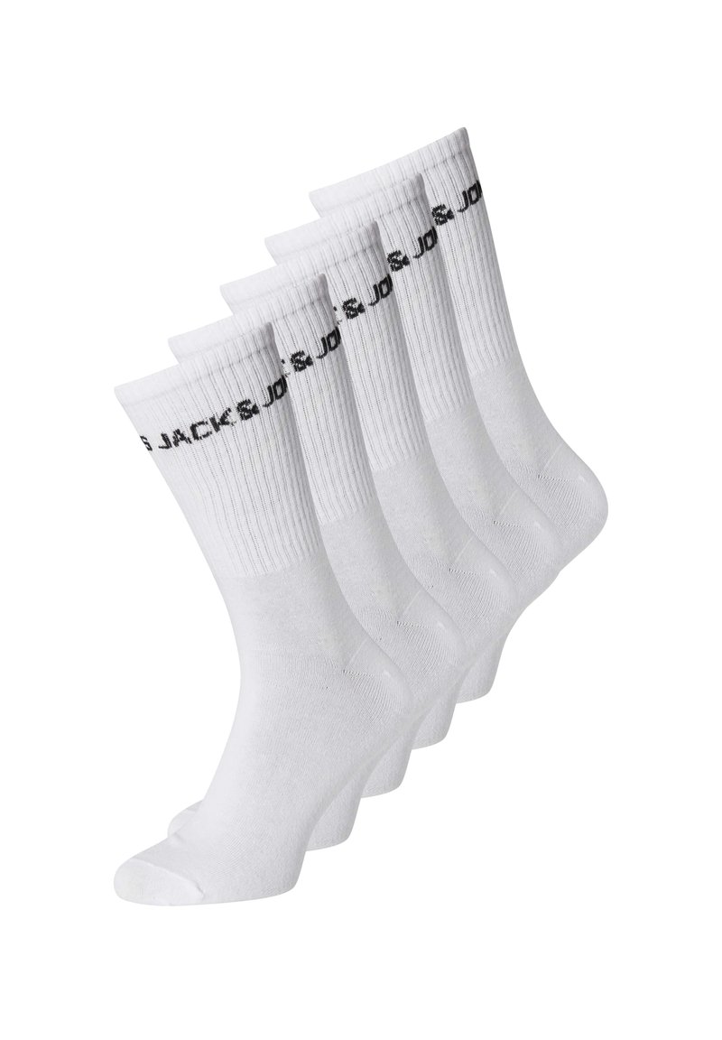 Weiße Baumwollsocken mit gerippten Bündchen, mit einem schwarzen Logo "JACK & JONES" nahe der Oberseite, präsentiert in einem Set von fünf.