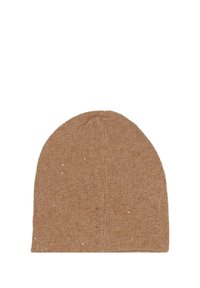 Brązowa dzianinowa czapka beanie o gładkiej teksturze i subtelnych detalach połysku, z zaokrąglonym wierzchem i bez widocznego logo czy zdobień.