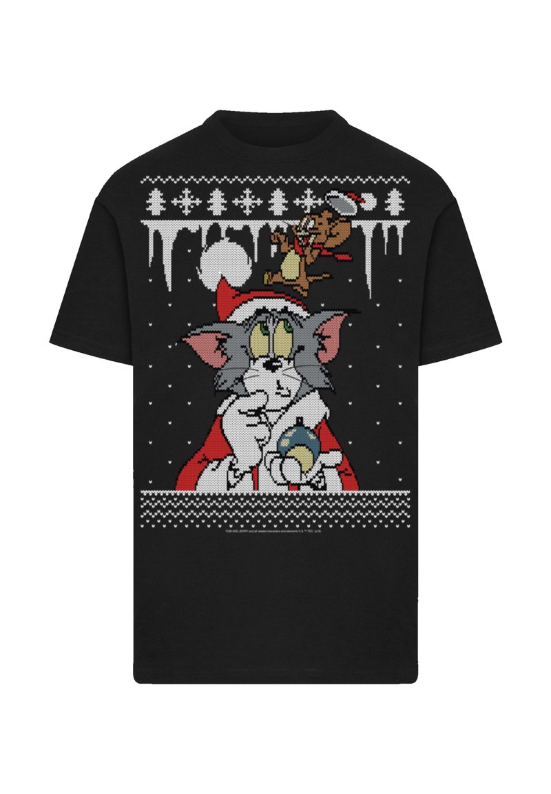 Schwarzes T-Shirt mit einem Cartoon-Design eines Katers und einer Maus in Winterbekleidung, verziert mit weißen Schneeflocken und Eiszapfen, detaillierten Mustern in Farbe.