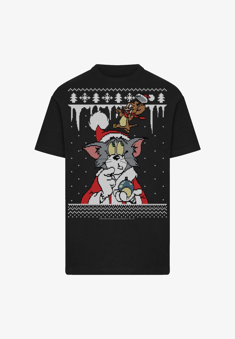 T-shirt noir avec un design de dessin animé d'un chat et d'une souris en tenues d'hiver, avec des flocons de neige et des stalactites, motifs détaillés en couleur.