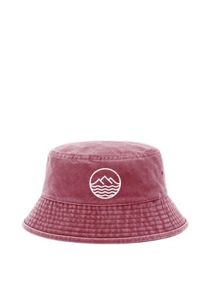 Pink bucket hat with stitched brim and white logo of mountains and waves in a circle on front center