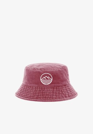Pink bucket hat with stitched brim and white logo of mountains and waves in a circle on front center