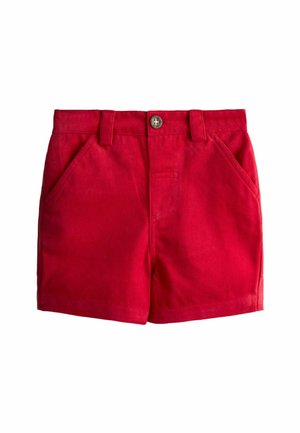 Czerwone bawełniane szorty z przednimi kieszeniami, szlufkami na pasek i pojedynczym zapięciem na guzik w talii.
