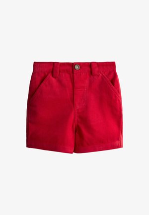 Rode katoenen shorts met voorzakken, riemlussen en een enkele knoopsluiting in de taille.