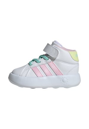 White children's high-top sneakers with pink stripes, mint green laces, and a velcro strap. Smooth leather and rubber sole.
