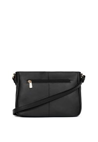 Borsa a tracolla nera in pelle con forma piatta, dotata di una tasca frontale con zip e una tracolla regolabile. Tessuto liscio, con cuciture minime.