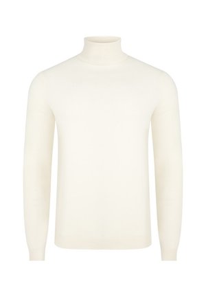 Kremowy sweter z golfem o dopasowanym kroju, wykonany z miękkiej dzianiny, z długimi rękawami i prążkowanymi akcentami przy kołnierzyku i dole.