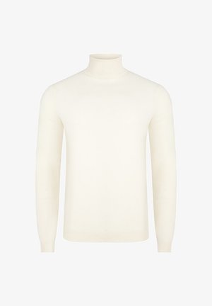 Kremowy sweter z golfem o dopasowanym kroju, wykonany z miękkiej dzianiny, z długimi rękawami i prążkowanymi akcentami przy kołnierzyku i dole.