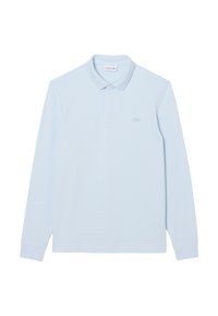 Vaaleansininen pitkähihaisuus polo-paita, jossa on kaulus, napitus ja hillitty brodeerattu logo rinnassa.