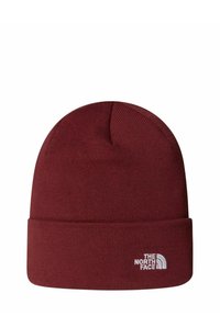 Beanie bordeaux realizzato in materiale lavorato a maglia, con risvolto e un accento di logo bianco sulla parte anteriore. Superficie texturizzata con una moderata elasticità.