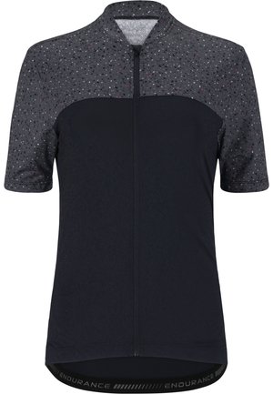 Maglia da ciclismo a maniche corte con una parte superiore grigia a fantasia, dettagli in rosa e nero, parte inferiore nera e zip frontale.