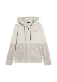 Felpa con zip grigia chiara realizzata in morbido tessuto, con cappuccio, due tasche frontali e logo ricamato "FREDDY" in rame.