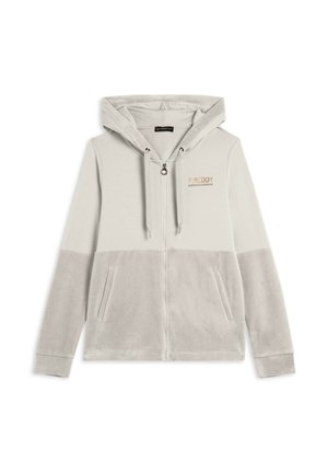 Hoodie zippé gris clair en tissu doux, avec une capuche, deux poches avant et un logo "FREDDY" brodé en cuivre.