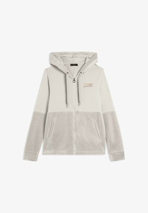 Hoodie zippé gris clair en tissu doux, avec une capuche, deux poches avant et un logo "FREDDY" brodé en cuivre.
