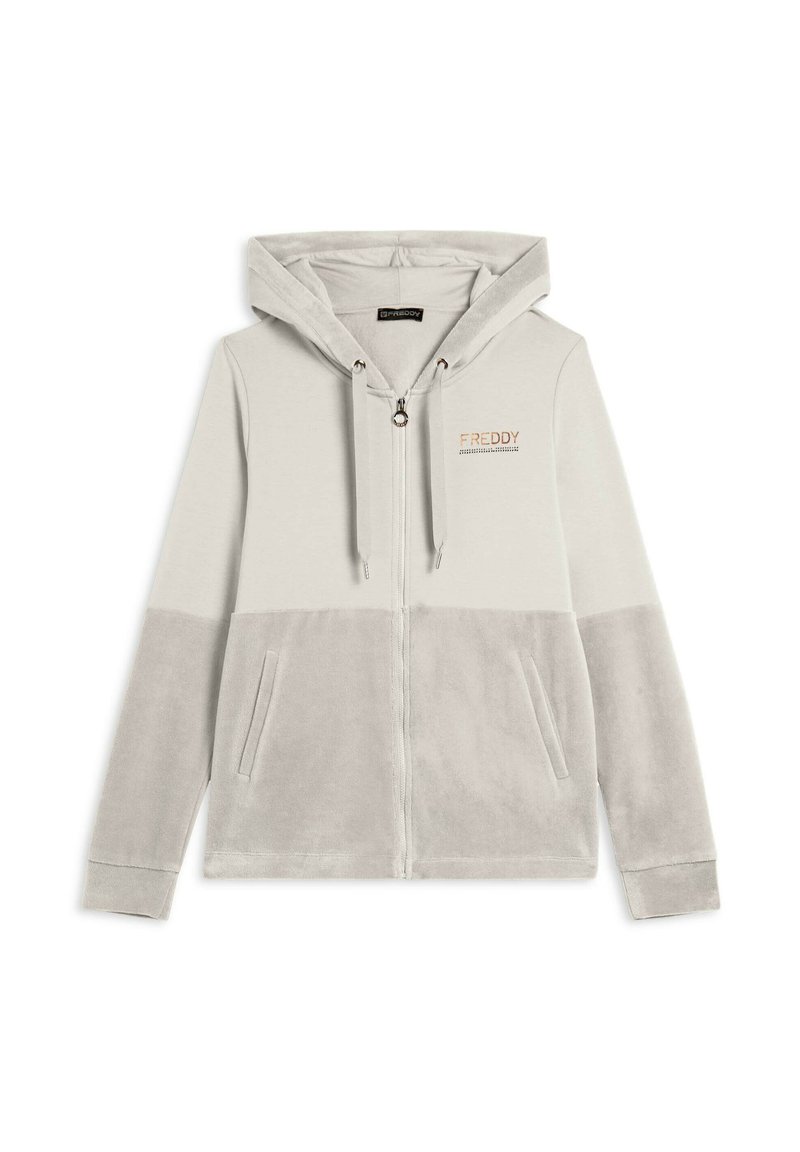 Felpa con zip grigia chiara realizzata in morbido tessuto, con cappuccio, due tasche frontali e logo ricamato "FREDDY" in rame.