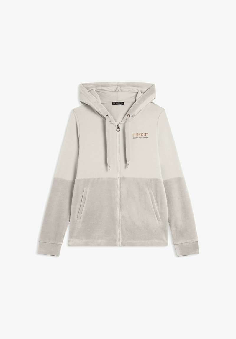 Felpa con zip grigia chiara realizzata in morbido tessuto, con cappuccio, due tasche frontali e logo ricamato "FREDDY" in rame.