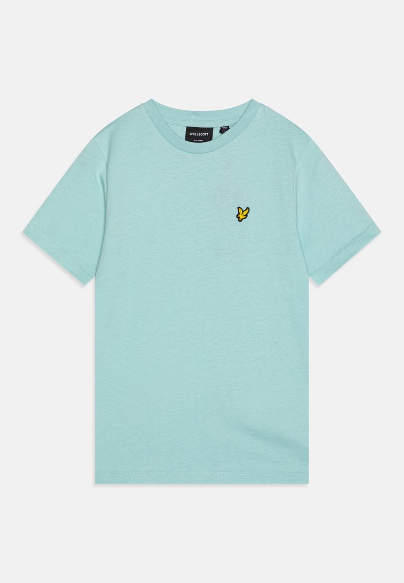 Světle modré tričko s krátkým rukávem vyrobené z měkké bavlny. Má malého černého a žlutého vyšitého motýla na levém prsu.