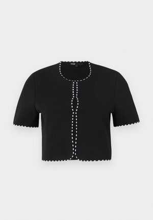 Zwart top met korte mouwen, voorzien van witte contrasterende stiksels langs de randen en een ronde halslijn, gemaakt van een gladde, rekbare stof.