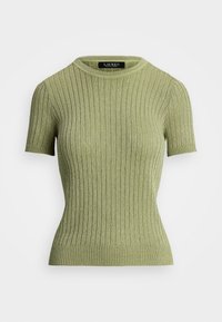 Ribbed short-sleeve top in soft olive green material, featuring a round neckline and fitted silhouette, with a textured finish.
