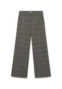 Pantalones de cuadros grises de pierna ancha con cintura alta, dos bolsillos laterales y una textura suave con un sutil patrón de cuadros en toda la prenda.