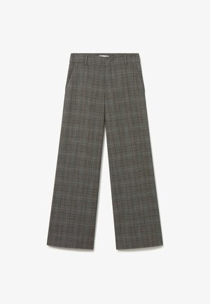 Pantalons larges gris à carreaux avec taille haute, deux poches latérales et une texture lisse avec un motif à carreaux subtil.