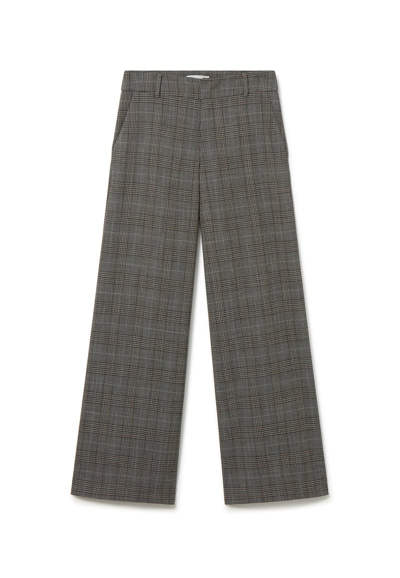 Pantalones de cuadros grises de pierna ancha con cintura alta, dos bolsillos laterales y una textura suave con un sutil patrón de cuadros en toda la prenda.