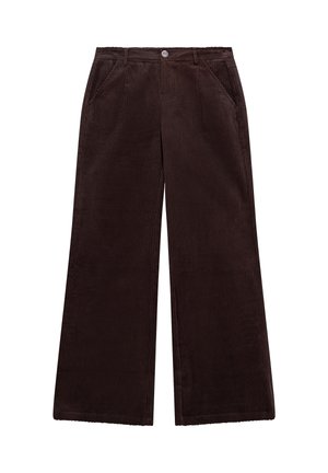 Brown corduroy wide-leg pants with a textured surface, featuring front pockets and a button closure at the waist.