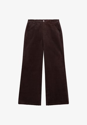 Brown corduroy wide-leg pants with a textured surface, featuring front pockets and a button closure at the waist.