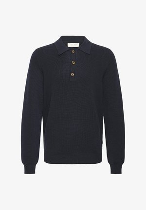 Suéter polo de punto azul marino de manga larga con cuello clásico, tapeta de cuatro botones y puños acanalados. Tela texturizada con un patrón sutil.