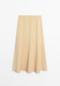 Beige A-line midi skirt with a back zipper closure, made from smooth fabric, displayed on a white background.
