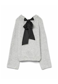Maglione grigio a maglia con maniche lunghe, scollatura rotonda e un nastro in raso nero annodato sul retro. Tessuto morbido con una vestibilità corta.