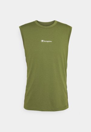 Débardeur vert olive sans manches Champion avec col rond et logo blanc Champion centré sur la poitrine sur un fond clair.