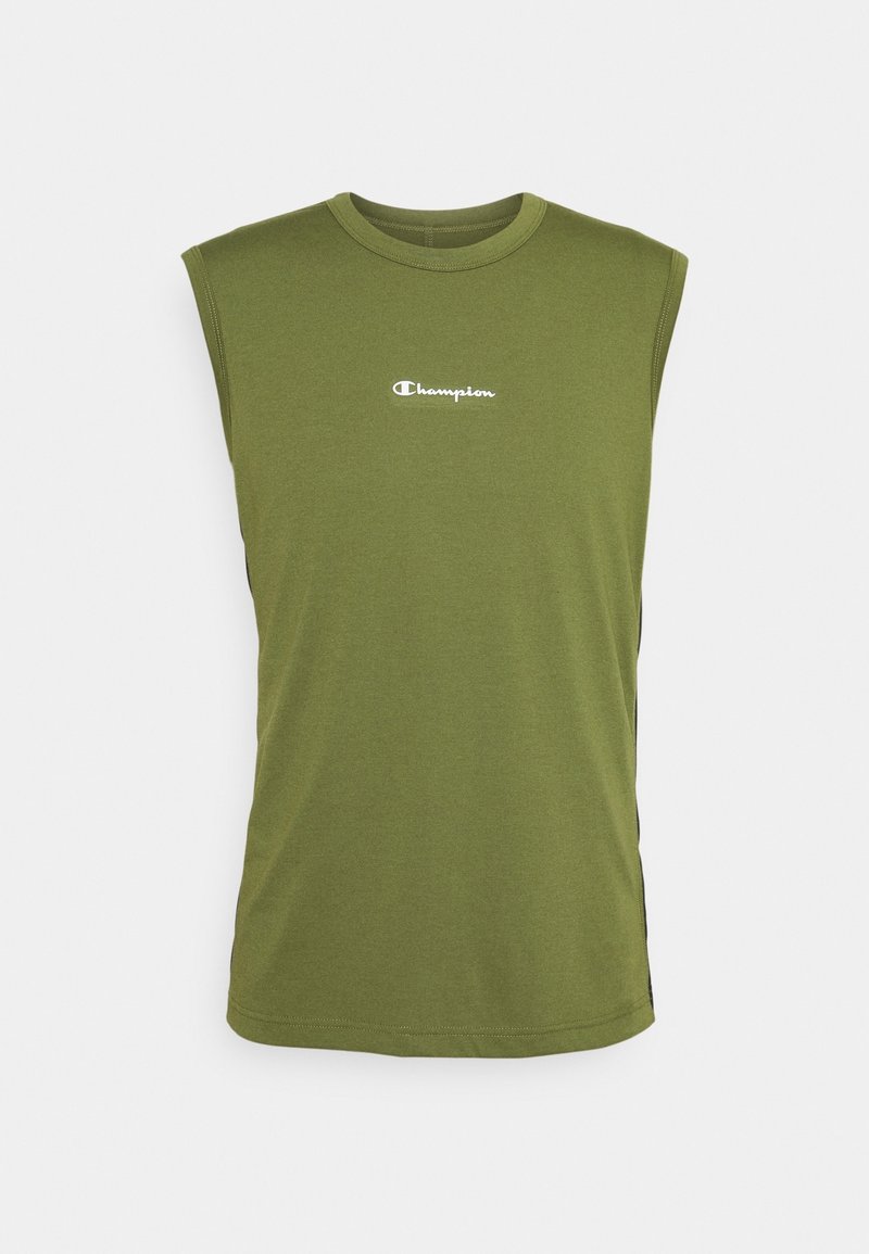 Débardeur vert olive sans manches Champion avec col rond et logo blanc Champion centré sur la poitrine sur un fond clair.