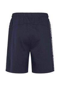 Granatowe bawełniane szorty z elastycznym pasem. Posiadają białe nadrukowane akcenty po bokach i gładką fakturę.