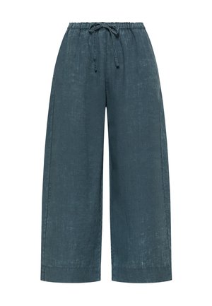 Leveälahkeiset, tummanpetrolinväriset pellavahousut, joissa on joustava vyötärönauha ja kiristysnyöri, suunniteltu rentoon istuvuuteen.