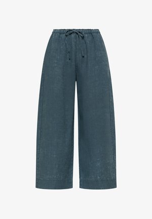 Pantaloni a gamba larga in lino verde petrolio scuro con vita elasticizzata e coulisse, progettati per una vestibilità comoda.