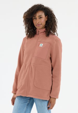 Fleece jack in stoffige roze met een halve rits, hoge kraag, borstzak en gestructureerde stof. Heeft een merklogo op de zak.