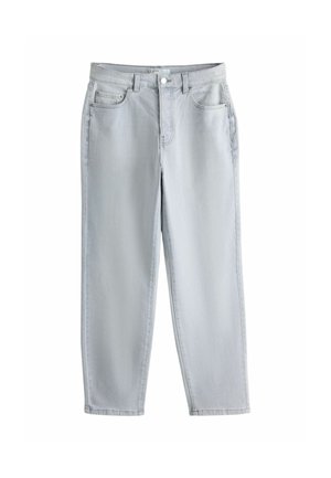 Hellgraue Jeans mit hoher Taille und geradem Bein, vorne mit Taschen, Gürtelschlaufen und Knopfverschluss.