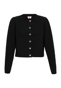 Černý cardigan vyrobený z měkkého materiálu, s kulatým výstřihem, dlouhými rukávy a knoflíky ve tvaru srdce na přední straně. Hladký lem a manžety.