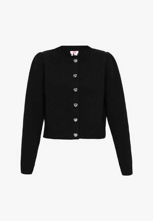 Fekete kardigán puha anyagból, kerek nyakkivágással, hosszú ujjakkal és szív alakú gombokkal az elején. Bordás szegély és mandzsetta.