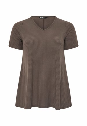 Brązowy prążkowany top z krótkim rękawem i dekoltem w serek, zaprojektowany w luźnym, wygodnym kroju, odpowiedni do codziennego noszenia.