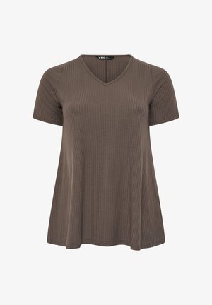 Brązowy prążkowany top z krótkim rękawem i dekoltem w serek, zaprojektowany w luźnym, wygodnym kroju, odpowiedni do codziennego noszenia.