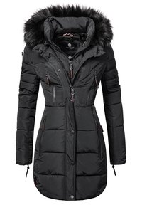 Black padded coat featuring a faux fur-lined hood, zippered pockets, and an adjustable waist, designed for warmth and comfort in cold weather.