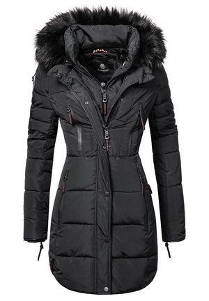 Black padded coat featuring a faux fur-lined hood, zippered pockets, and an adjustable waist, designed for warmth and comfort in cold weather.
