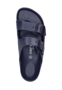 Sandale en caoutchouc bleu marine avec deux sangles réglables et boucles noires, dotée d'une semelle intérieure texturée pour le confort.