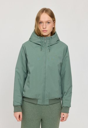 Light green, zip-up jacket with a hood, ribbed cuffs, and a smooth, slightly glossy texture. Features drawstrings at the neck for adjustments.