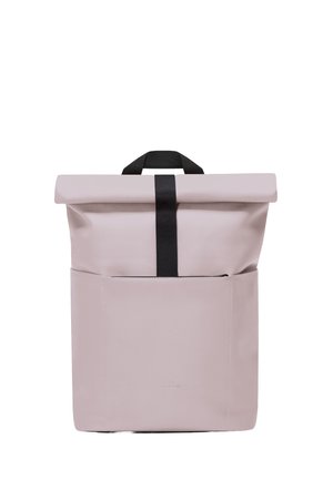 Light pink roll-top backpack with black strap and handle, front pocket with zipper, shown against white background.