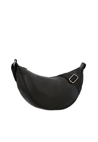 Borsa hobo in pelle nera con forma curvata, caratterizzata da una superficie testurizzata e un accento in fibbia argentata su una tracolla in tessuto.